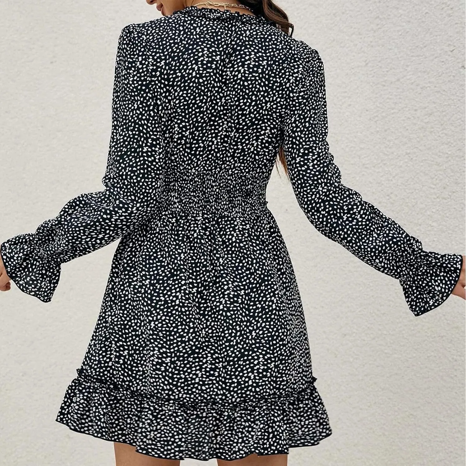 Dot Printed Dress for Women Long Sleeve V Neck Party Dresses Sexy Floral Print Mini Dress Slim Ruffle Cocktail Dress