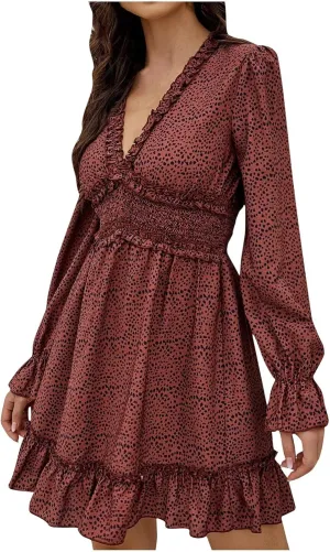 Dot Printed Dress for Women Long Sleeve V Neck Party Dresses Sexy Floral Print Mini Dress Slim Ruffle Cocktail Dress