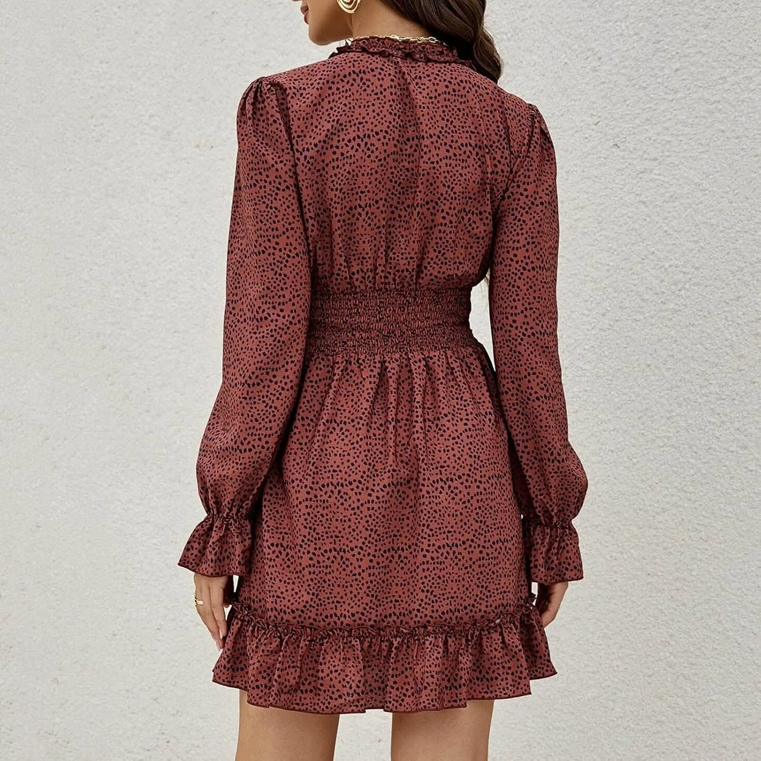Dot Printed Dress for Women Long Sleeve V Neck Party Dresses Sexy Floral Print Mini Dress Slim Ruffle Cocktail Dress