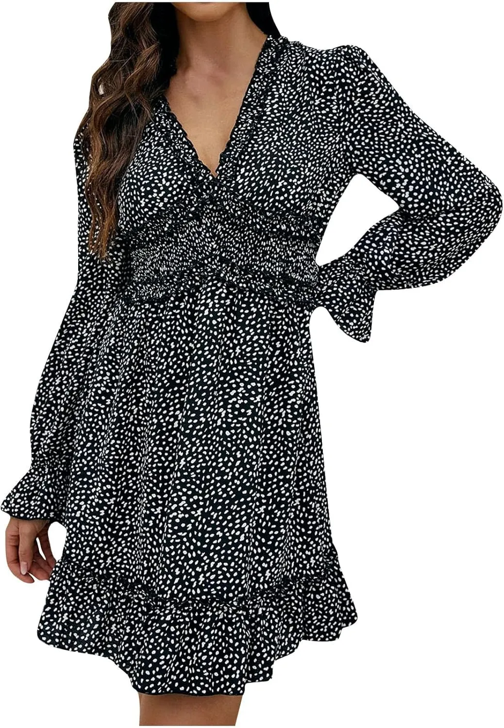 Dot Printed Dresses for Women Long Sleeve V Neck Party Dress Sexy Floral Print Mini Dress Slim Ruffle Cocktail Dress