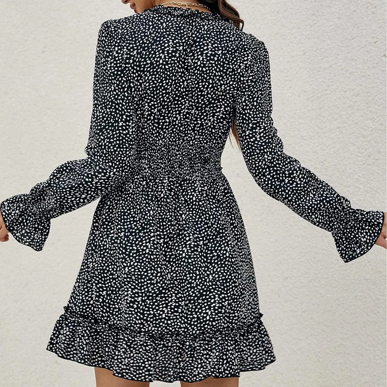 Dot Printed Dresses for Women Long Sleeve V Neck Party Dress Sexy Floral Print Mini Dress Slim Ruffle Cocktail Dress