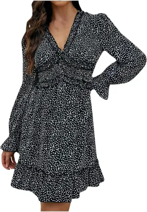 Dot Printed Dresses for Women Long Sleeve V Neck Party Dress Sexy Floral Print Mini Dress Slim Ruffle Cocktail Dress