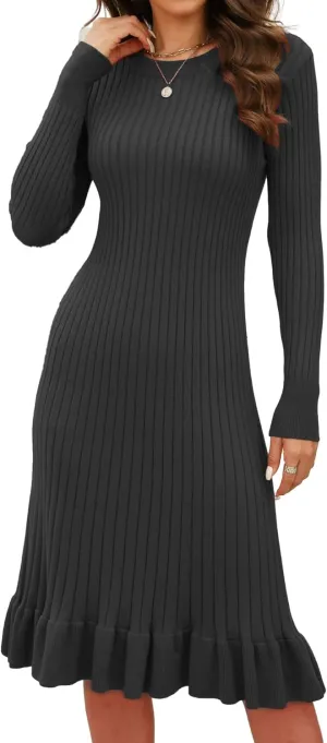 ECDAHICC Women's Sexy Ribbed Knit Sweater Dress Casual Long Sleeve V Neck Bodycon Pleated A Line Long Dress Streetwear