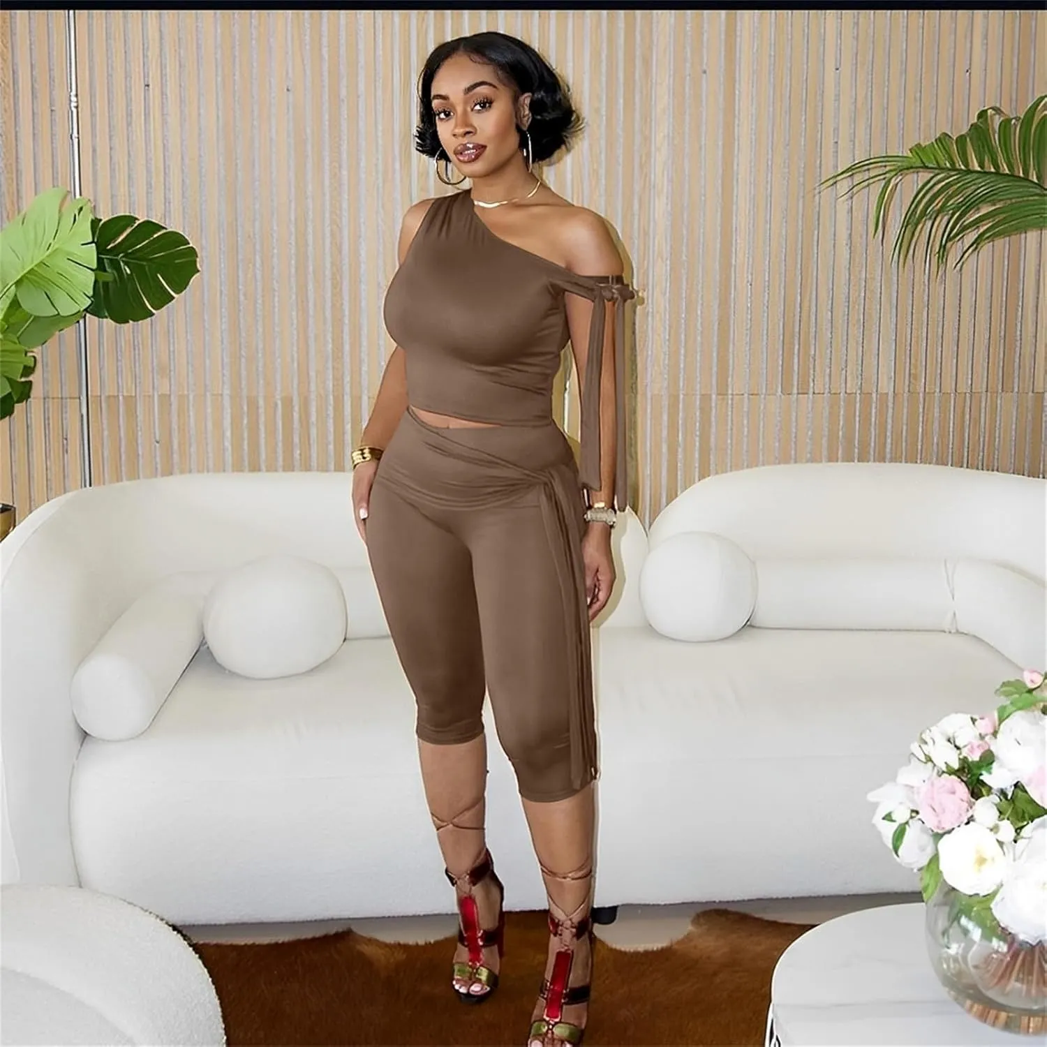 Elainone Capri Sets Women 2 Piece Outfits Sexy One Shoulder Sleeveless Crop Tops Bodycon Pant Sets