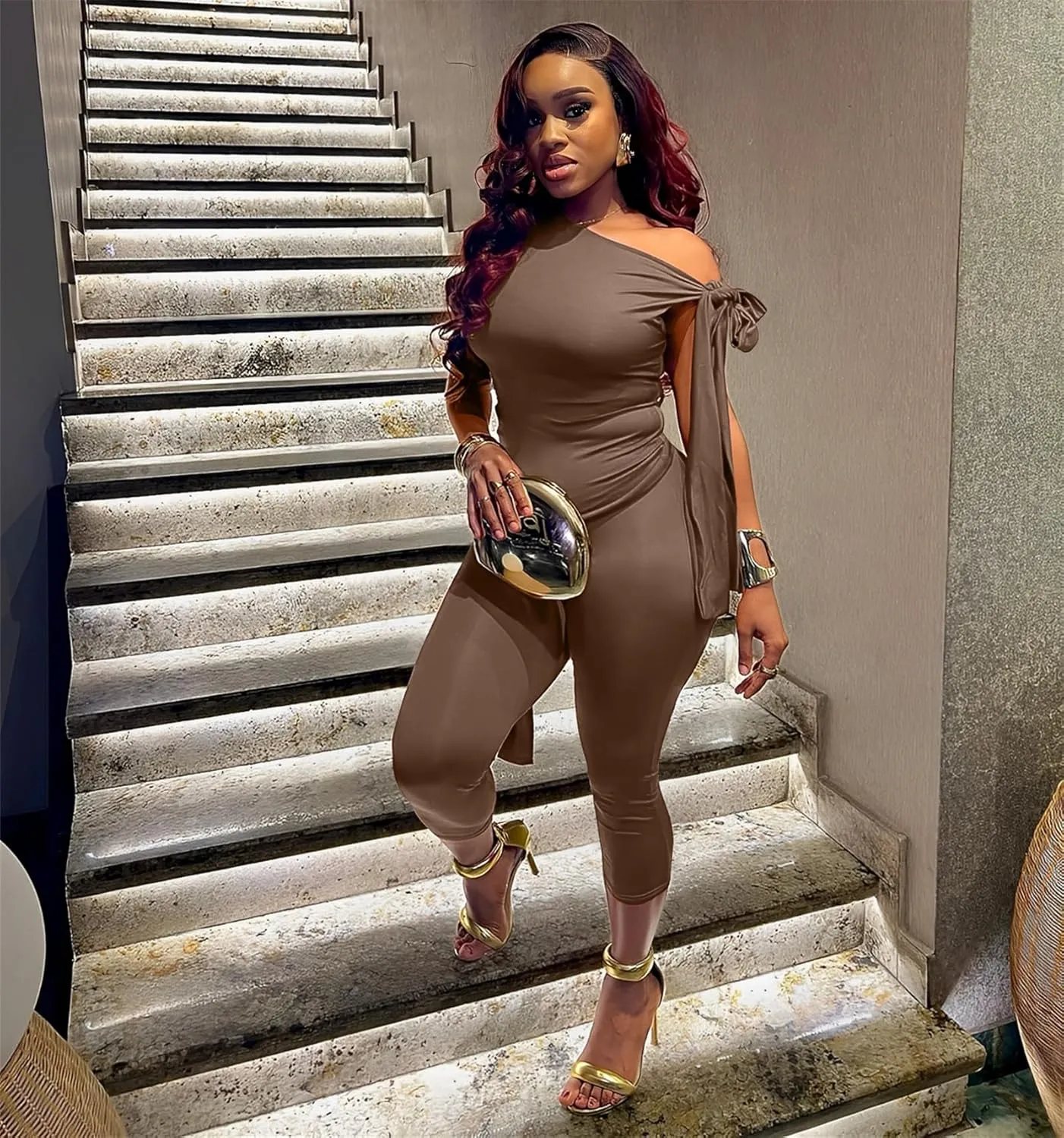 Elainone Capri Sets Women 2 Piece Outfits Sexy One Shoulder Sleeveless Crop Tops Bodycon Pant Sets