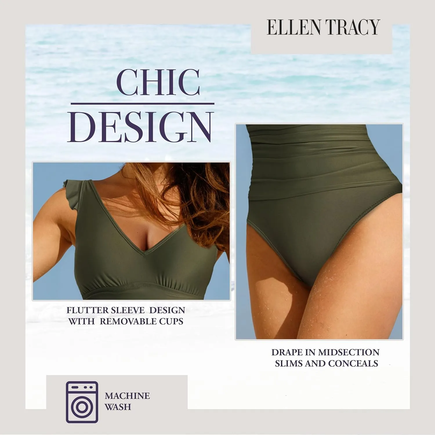 ELLEN TRACY Women's Mio One Piece Swimsuit - BathingSuit for Women with Ruffle Sleeves, Swimsuit for Ladies