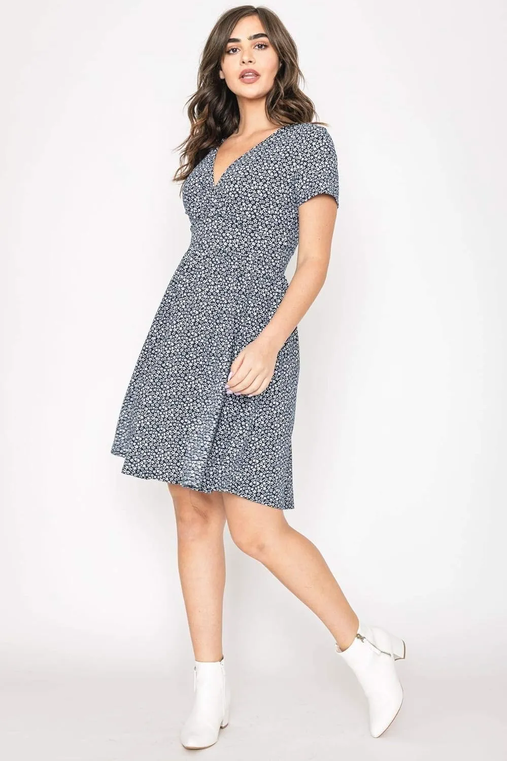 Eloges Women's Ditsy Floral Surplice Waist Band Flare Dress S to 3X Plus |EGS