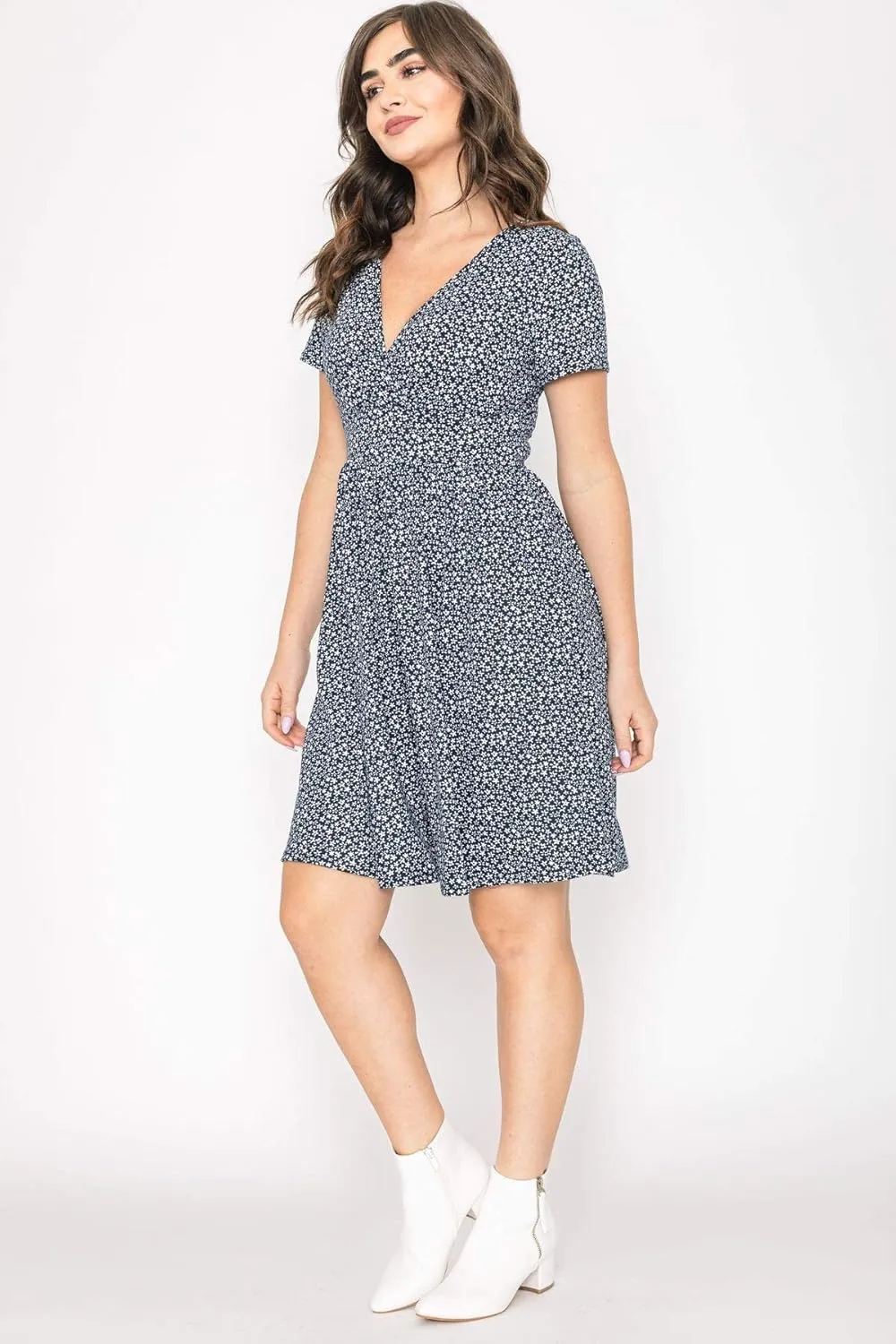 Eloges Women's Ditsy Floral Surplice Waist Band Flare Dress S to 3X Plus |EGS