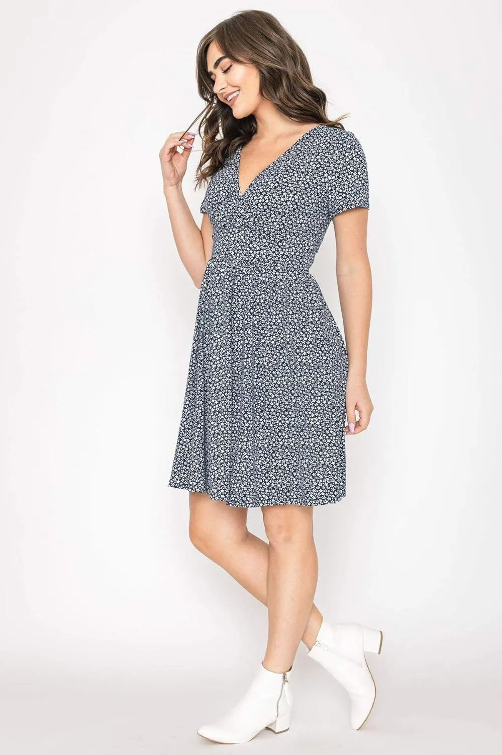 Eloges Women's Ditsy Floral Surplice Waist Band Flare Dress S to 3X Plus |EGS