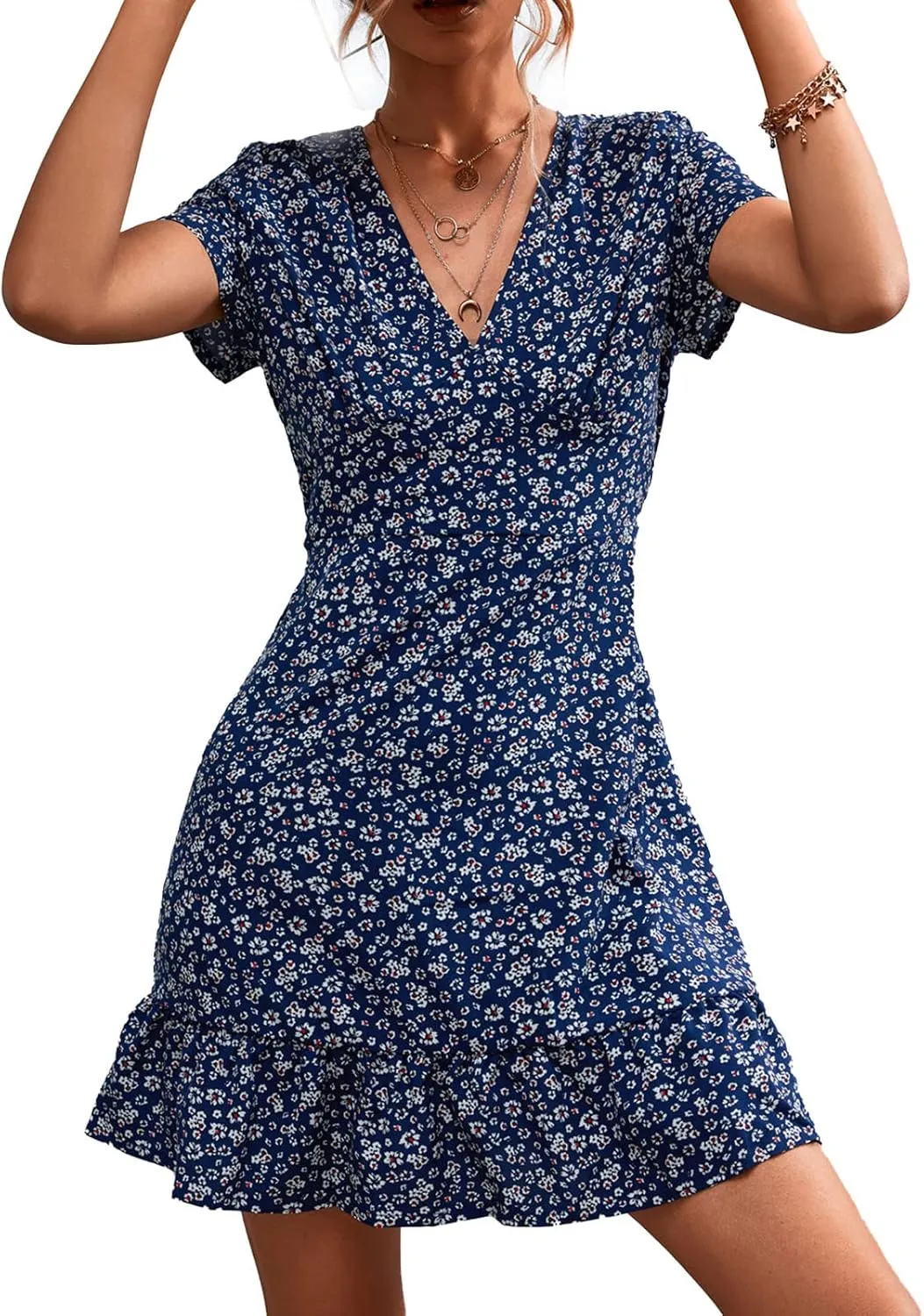 Estink Women Summer Dress Dresses V Neck Casual Sleeveless Dress Boho Beach Dress Ruffles Short Sleeve Mini Dress Tunic Floral Dress Wrap Dress(m-Blue Floral Pattern)