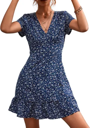 Estink Women Summer Dress Dresses V Neck Casual Sleeveless Dress Boho Beach Dress Ruffles Short Sleeve Mini Dress Tunic Floral Dress Wrap Dress(m-Blue Floral Pattern)