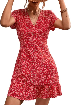 Estink Women Summer Dress Dresses V Neck Casual Sleeveless Dress Boho Beach Dress Ruffles Short Sleeve Mini Dress Tunic Floral Dress Wrap Dress(m-Red Flowers)