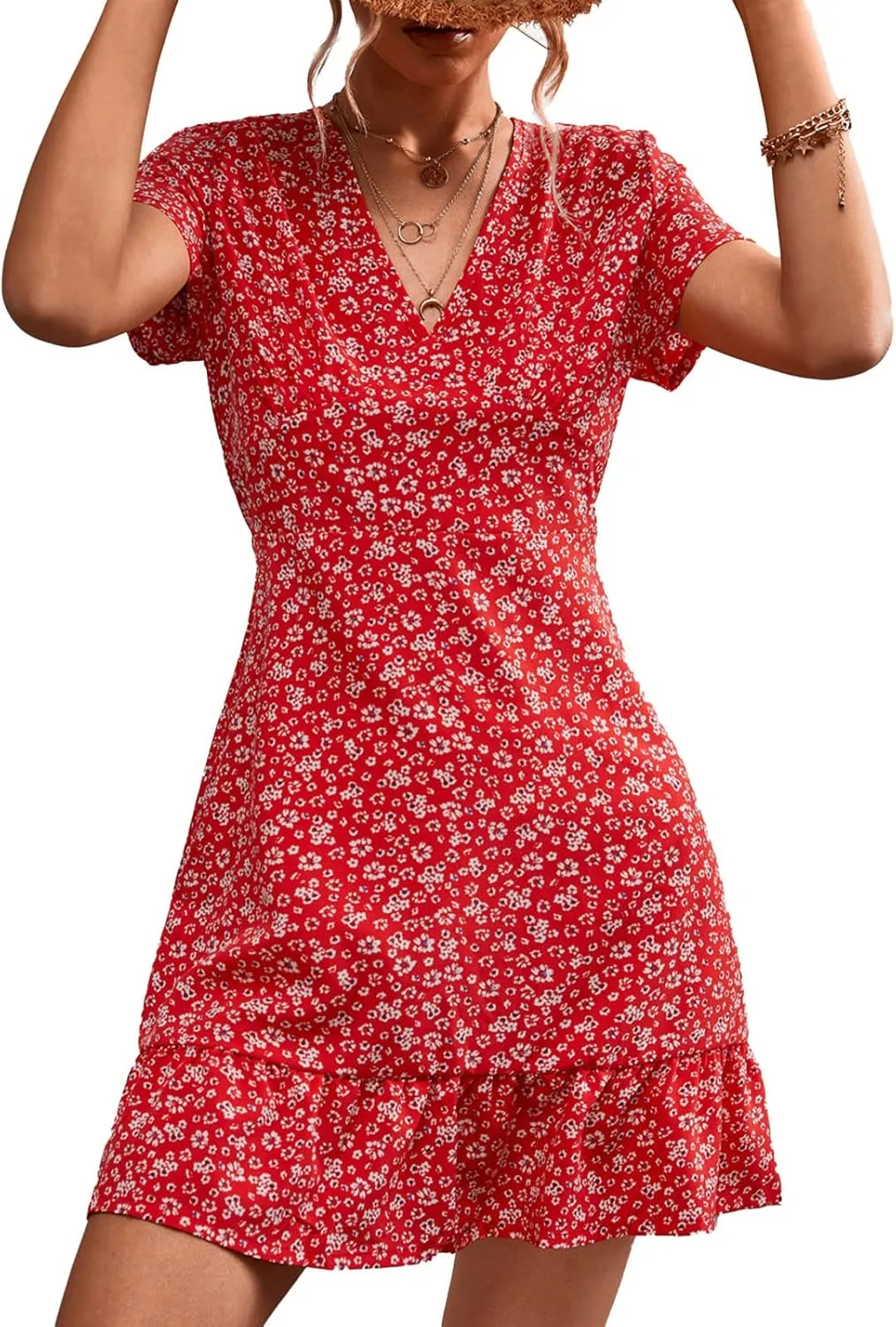 Estink Women Summer Dress Dresses V Neck Casual Sleeveless Dress Boho Beach Dress Ruffles Short Sleeve Mini Dress Tunic Floral Dress Wrap Dress(m-Red Flowers)