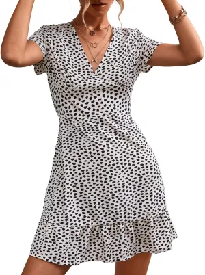 Estink Women Summer Dress Dresses V Neck Casual Sleeveless Dress Boho Beach Dress Ruffles Short Sleeve Mini Dress Tunic Floral Dress Wrap Dress(m-White Point)