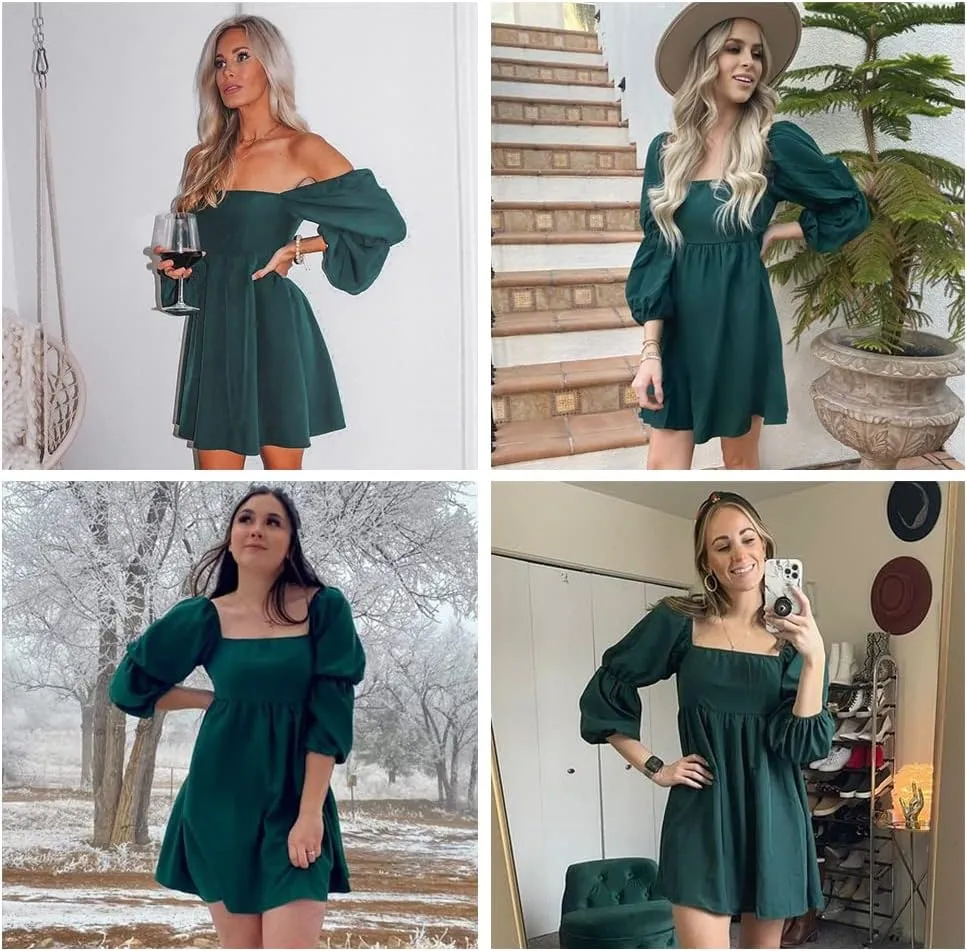 EXLURA Womens 2025 Square Neck Dress Long Puff Sleeve A-Line Casual Short Mini Dresses
