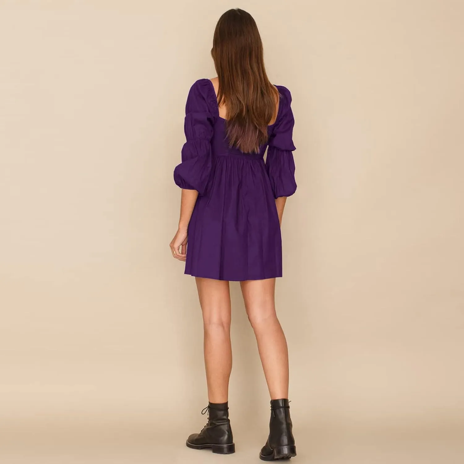 EXLURA Womens 2025 Square Neck Dress Long Puff Sleeve A-Line Casual Short Mini Dresses