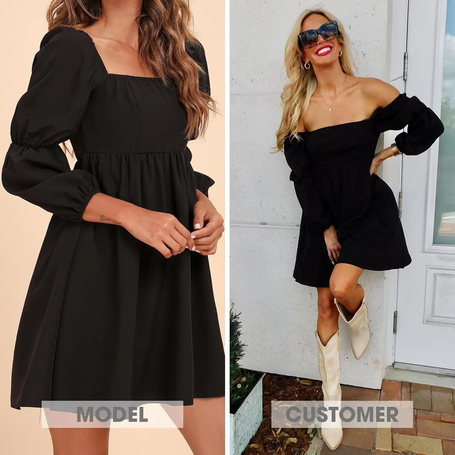 EXLURA Womens 2025 Square Neck Dress Long Puff Sleeve A-Line Casual Short Mini Dresses