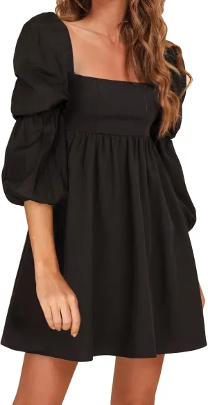 EXLURA Womens 2025 Square Neck Dress Long Puff Sleeve A-Line Casual Short Mini Dresses