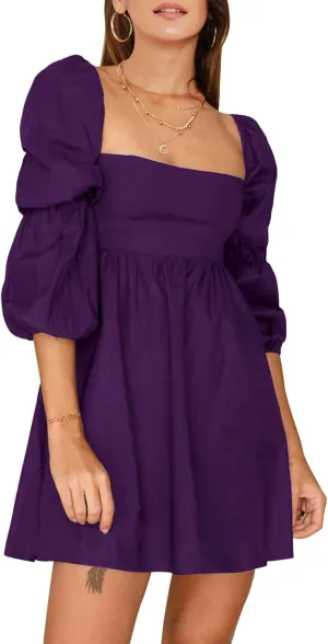 EXLURA Womens 2025 Square Neck Dress Long Puff Sleeve A-Line Casual Short Mini Dresses