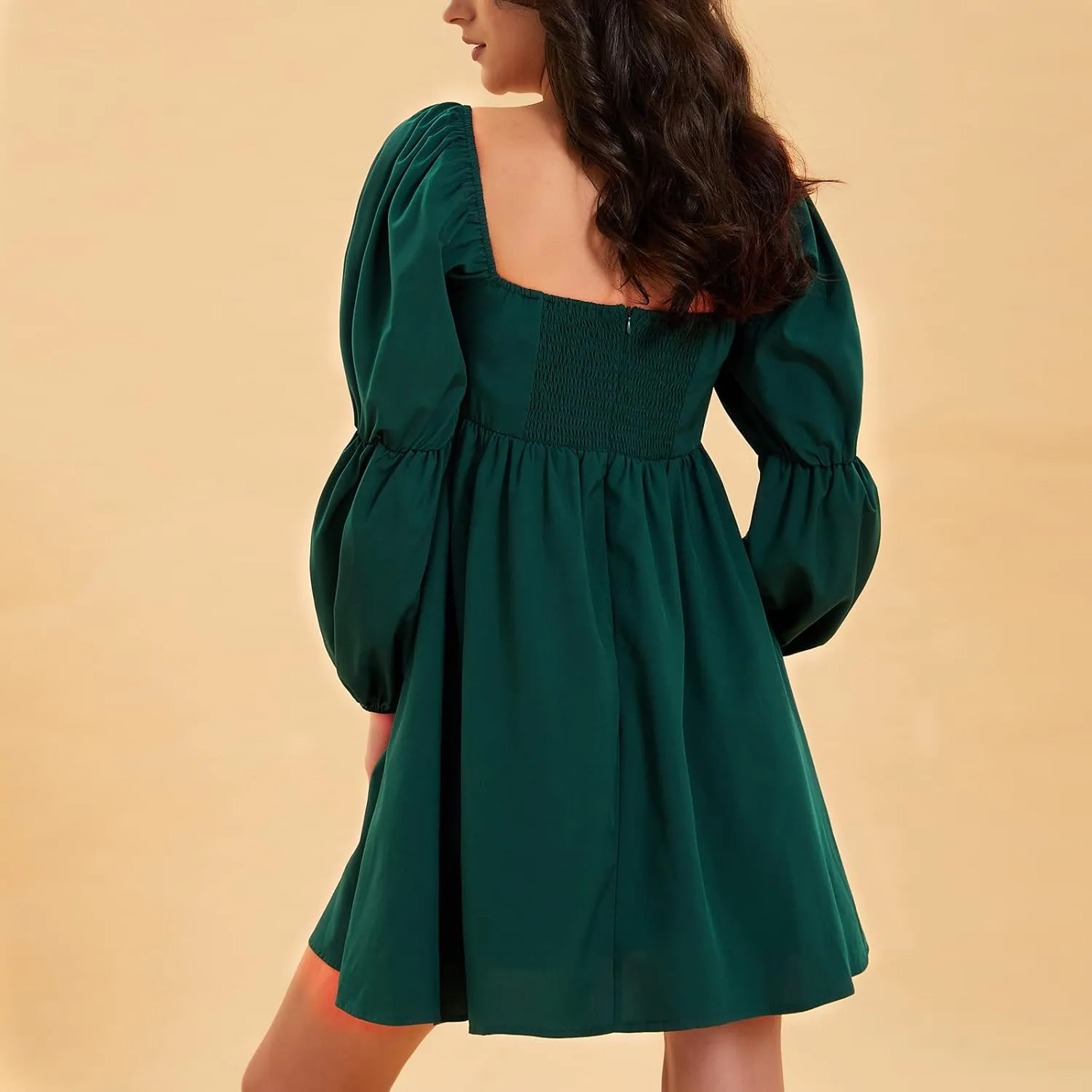 EXLURA Womens 2025 Square Neck Dress Long Puff Sleeve A-Line Casual Short Mini Dresses