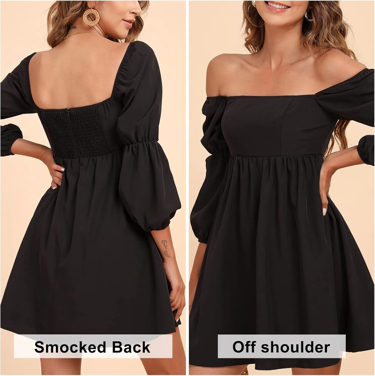 EXLURA Womens 2025 Square Neck Dress Long Puff Sleeve A-Line Casual Short Mini Dresses