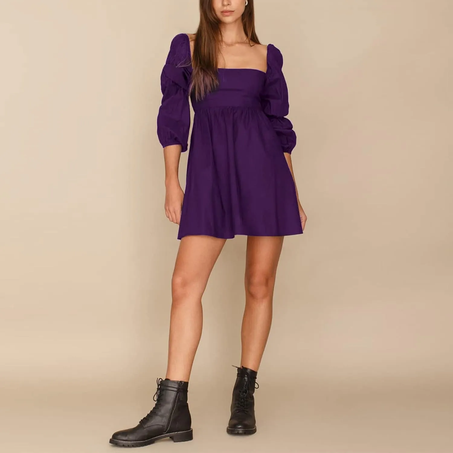 EXLURA Womens 2025 Square Neck Dress Long Puff Sleeve A-Line Casual Short Mini Dresses