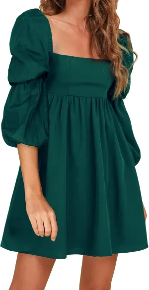 EXLURA Womens 2025 Square Neck Dress Long Puff Sleeve A-Line Casual Short Mini Dresses