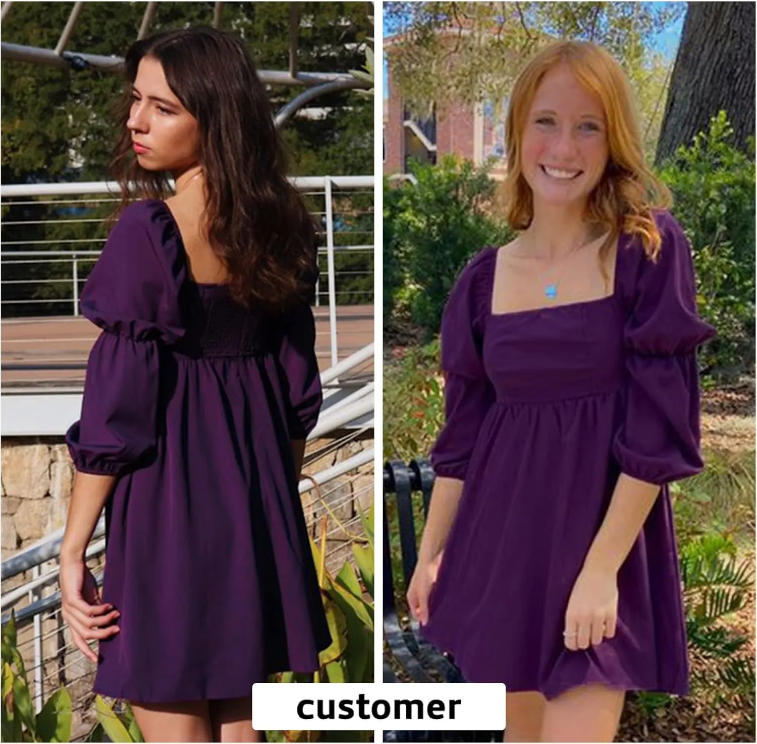 EXLURA Womens 2025 Square Neck Dress Long Puff Sleeve A-Line Casual Short Mini Dresses