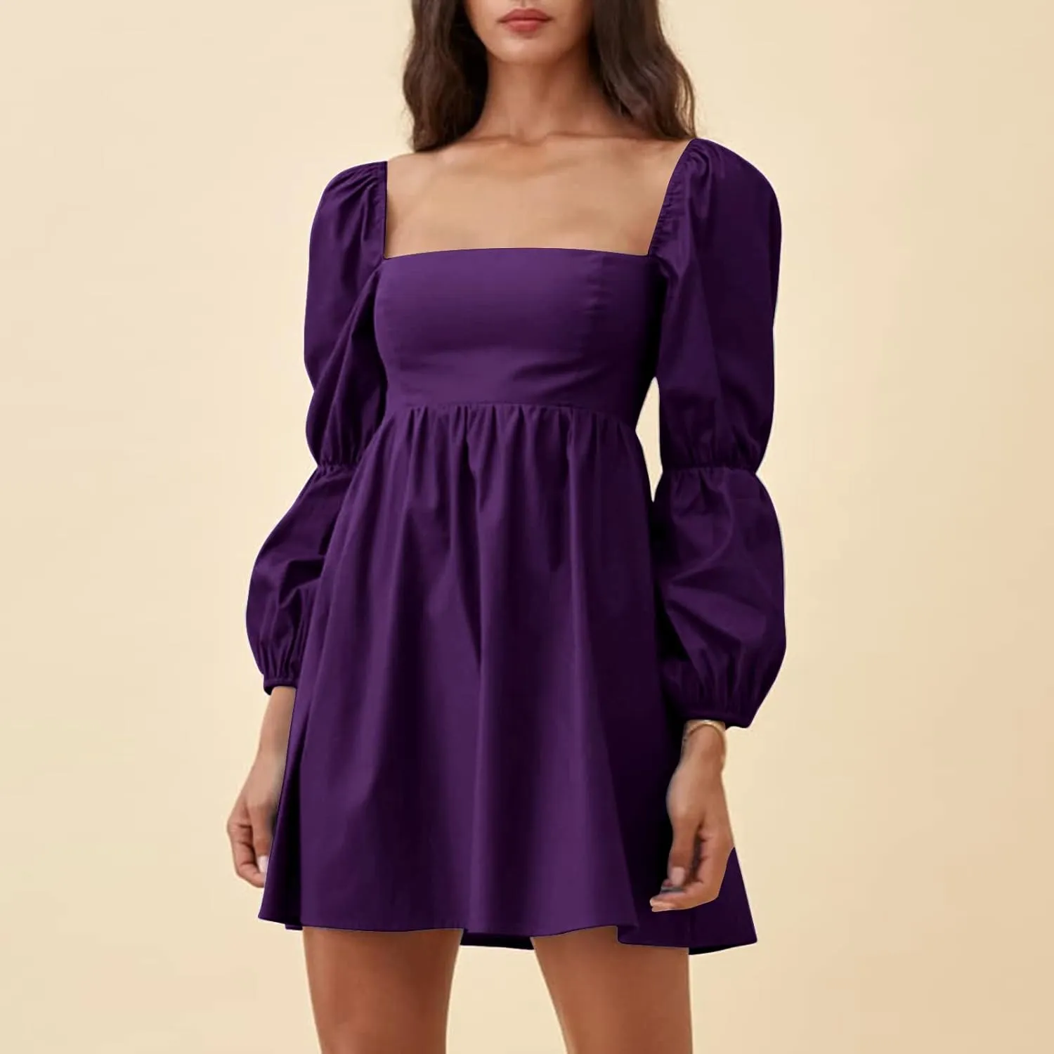 EXLURA Womens 2025 Square Neck Dress Long Puff Sleeve A-Line Casual Short Mini Dresses