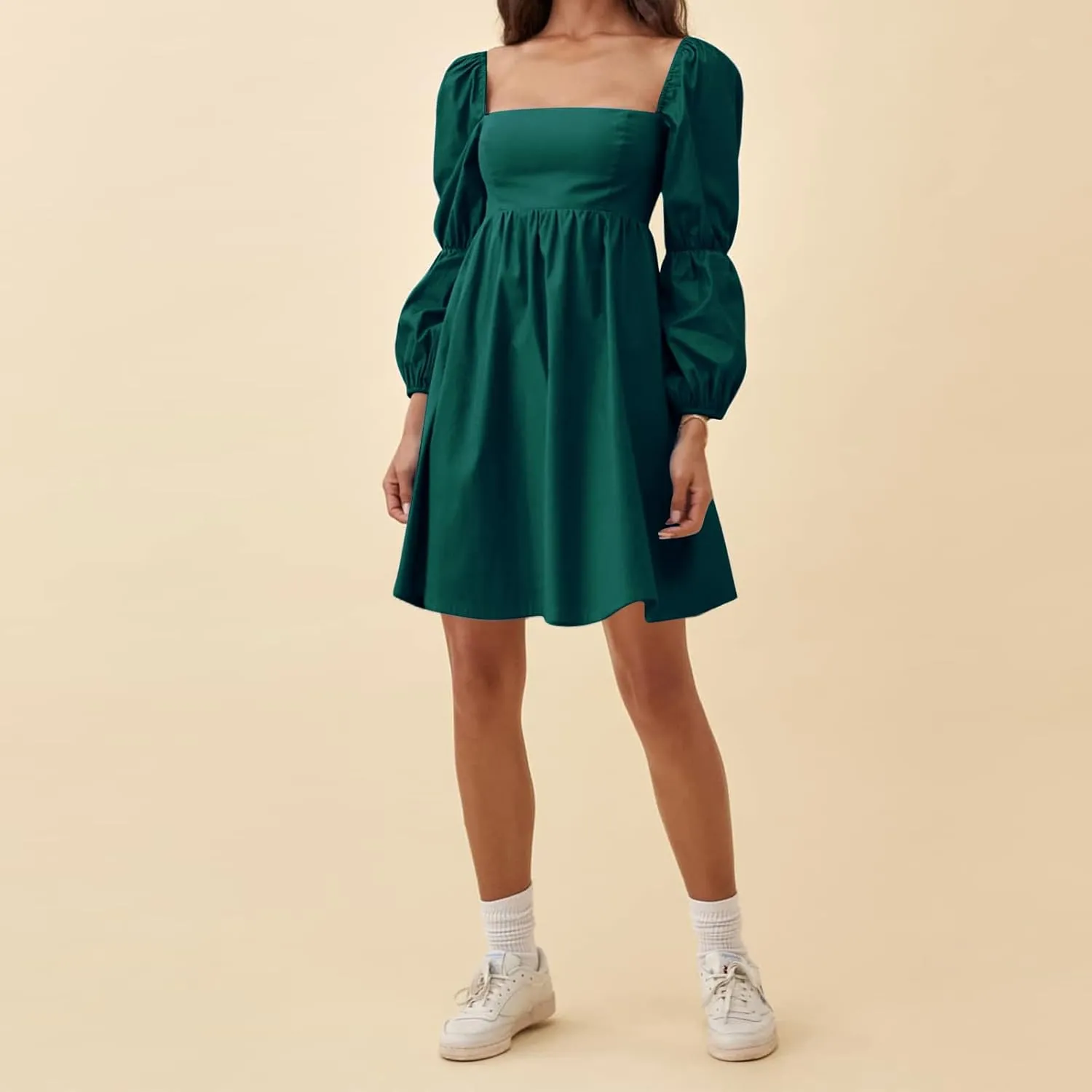 EXLURA Womens 2025 Square Neck Dress Long Puff Sleeve A-Line Casual Short Mini Dresses
