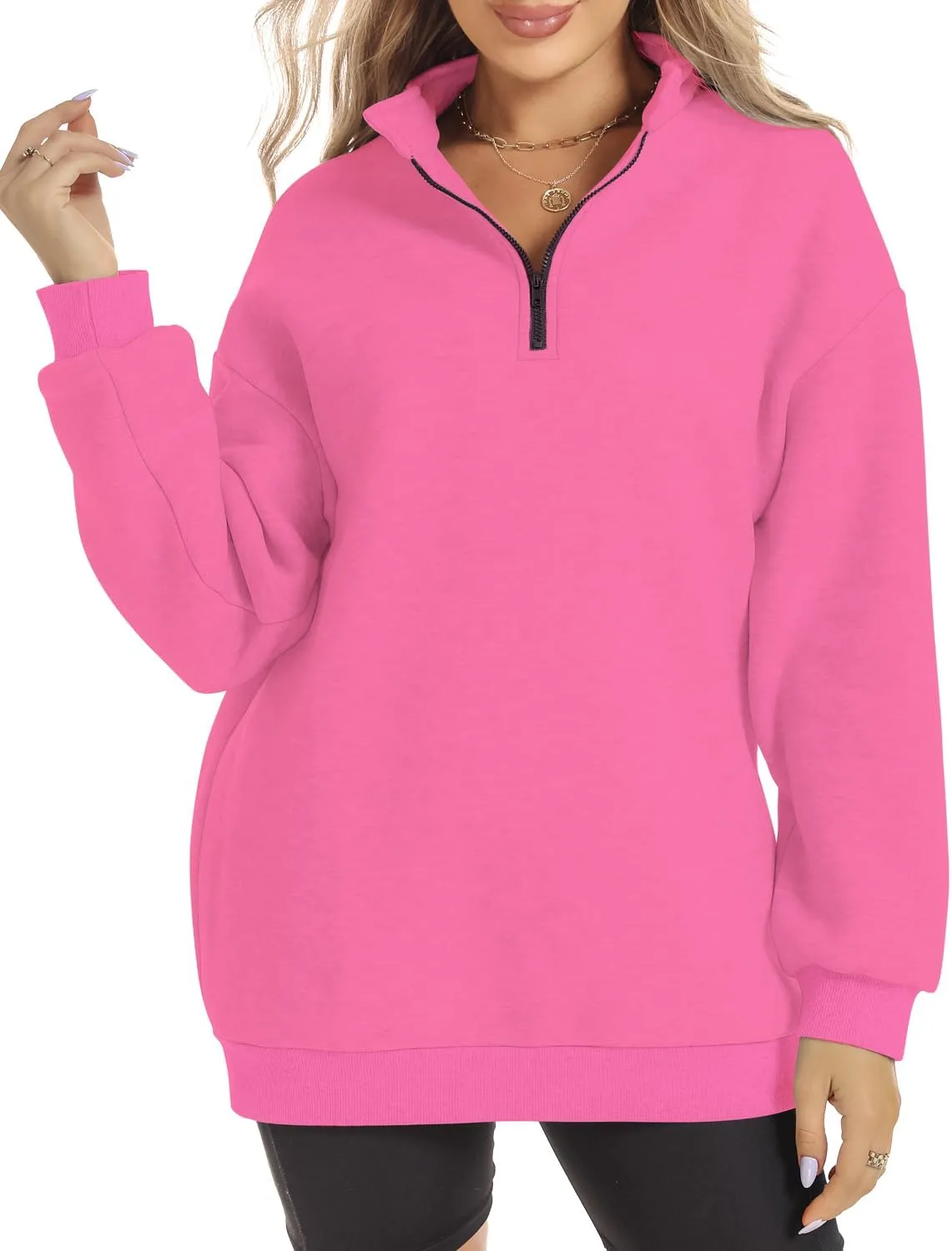 FANCYINN Womens Pullover Oversized Sweatshirt Half Zip Lapel Long Sleeve Drop Shoulder Teen Girls Fleece Sports Tops