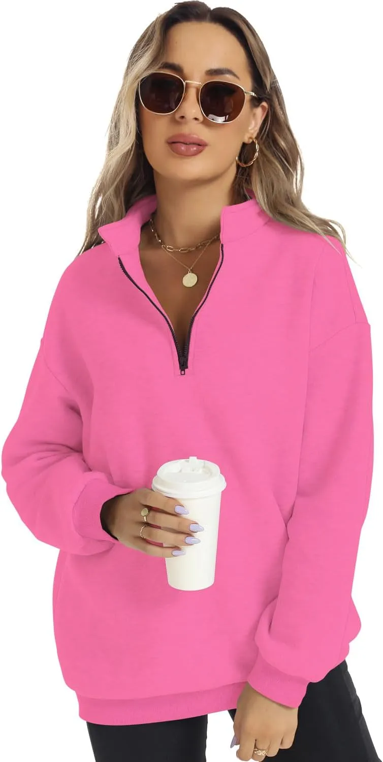 FANCYINN Womens Pullover Oversized Sweatshirt Half Zip Lapel Long Sleeve Drop Shoulder Teen Girls Fleece Sports Tops