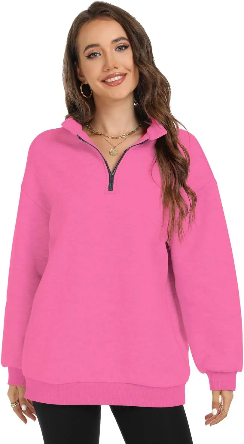 FANCYINN Womens Pullover Oversized Sweatshirt Half Zip Lapel Long Sleeve Drop Shoulder Teen Girls Fleece Sports Tops