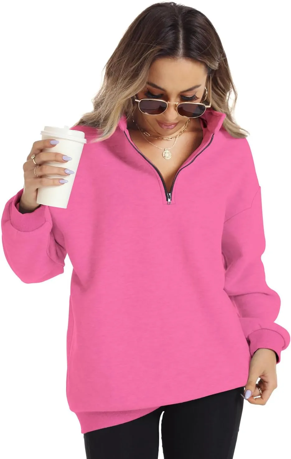 FANCYINN Womens Pullover Oversized Sweatshirt Half Zip Lapel Long Sleeve Drop Shoulder Teen Girls Fleece Sports Tops