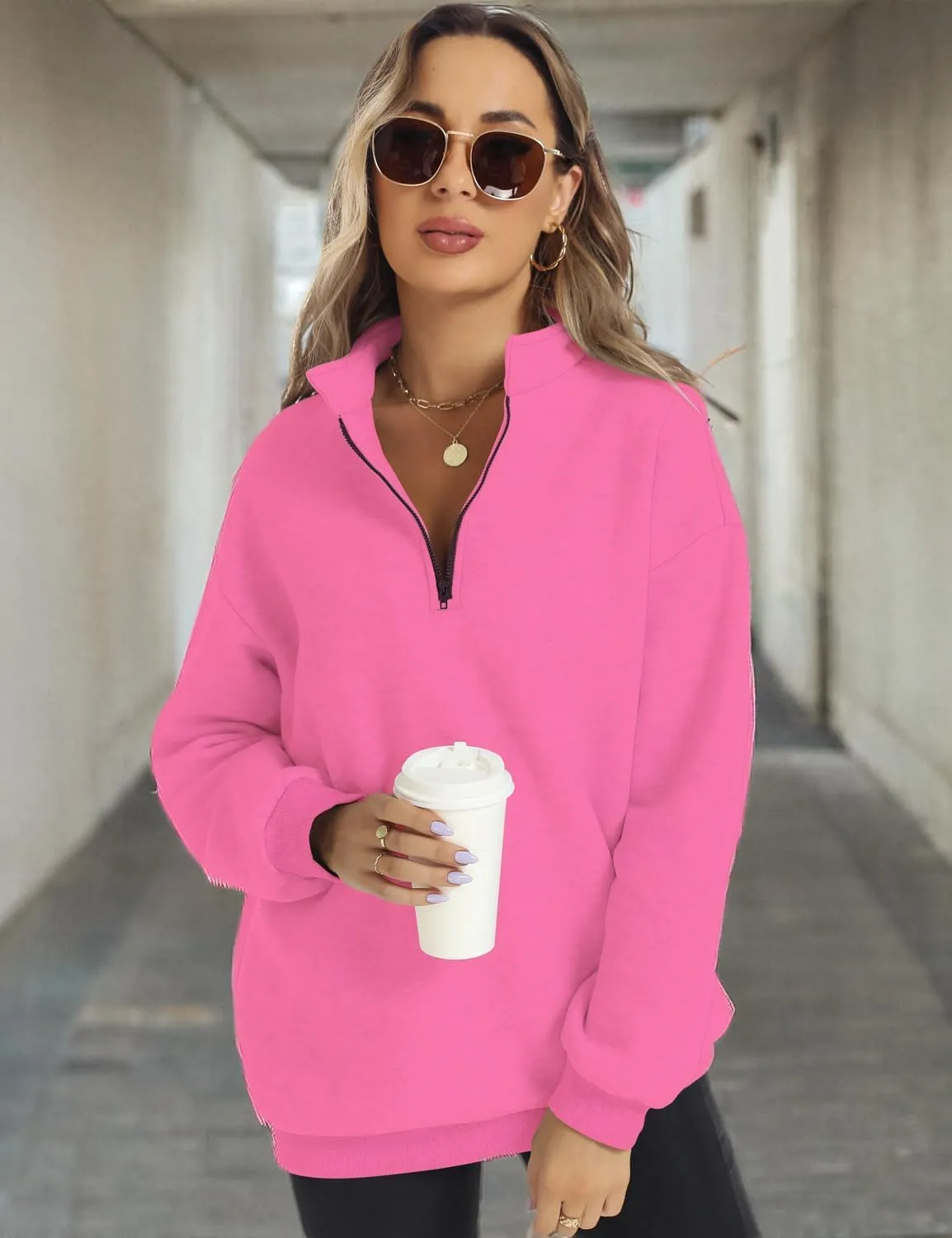 FANCYINN Womens Pullover Oversized Sweatshirt Half Zip Lapel Long Sleeve Drop Shoulder Teen Girls Fleece Sports Tops