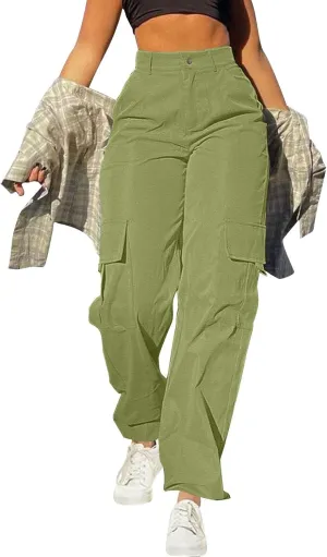 fartey Women's Cargo Pants Stretchy Button High Waist Casual Pants Wide Leg Loose Baggy Y2K Trousers Teen Girls Streetwear