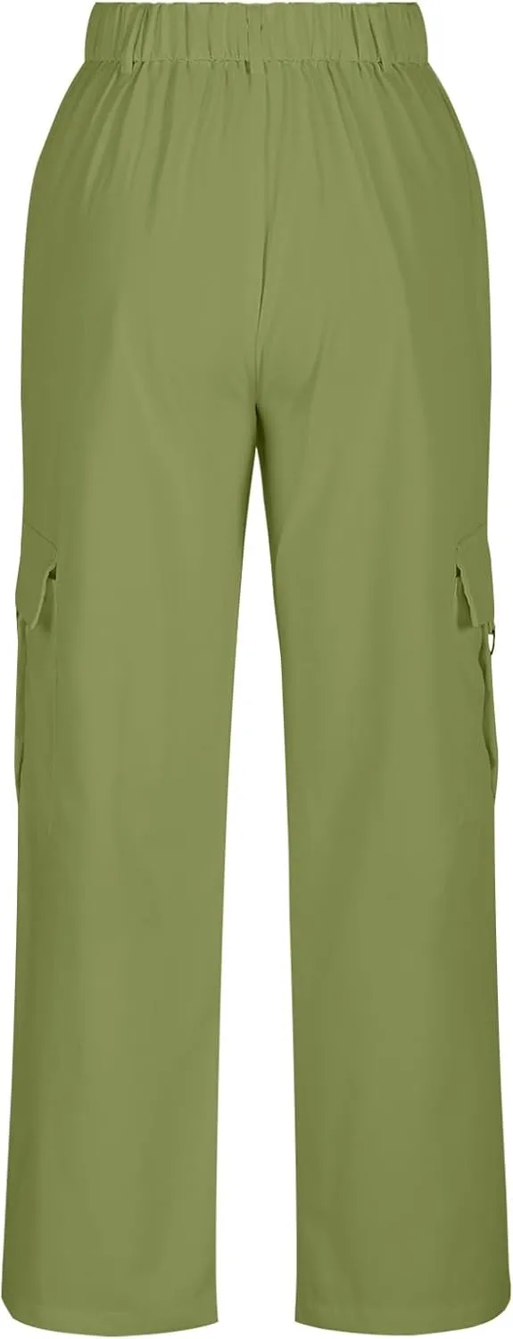 fartey Women's Cargo Pants Stretchy Button High Waist Casual Pants Wide Leg Loose Baggy Y2K Trousers Teen Girls Streetwear