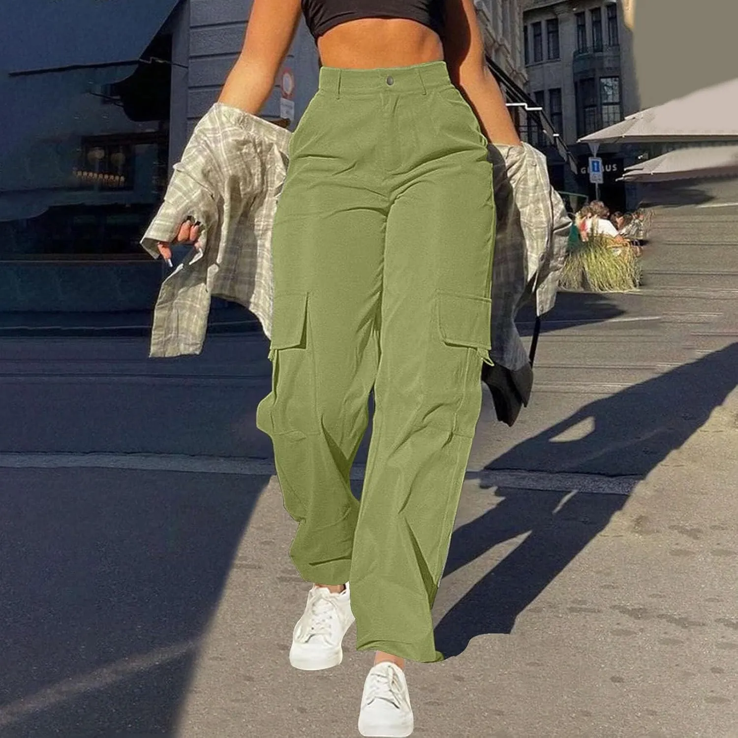 fartey Women's Cargo Pants Stretchy Button High Waist Casual Pants Wide Leg Loose Baggy Y2K Trousers Teen Girls Streetwear