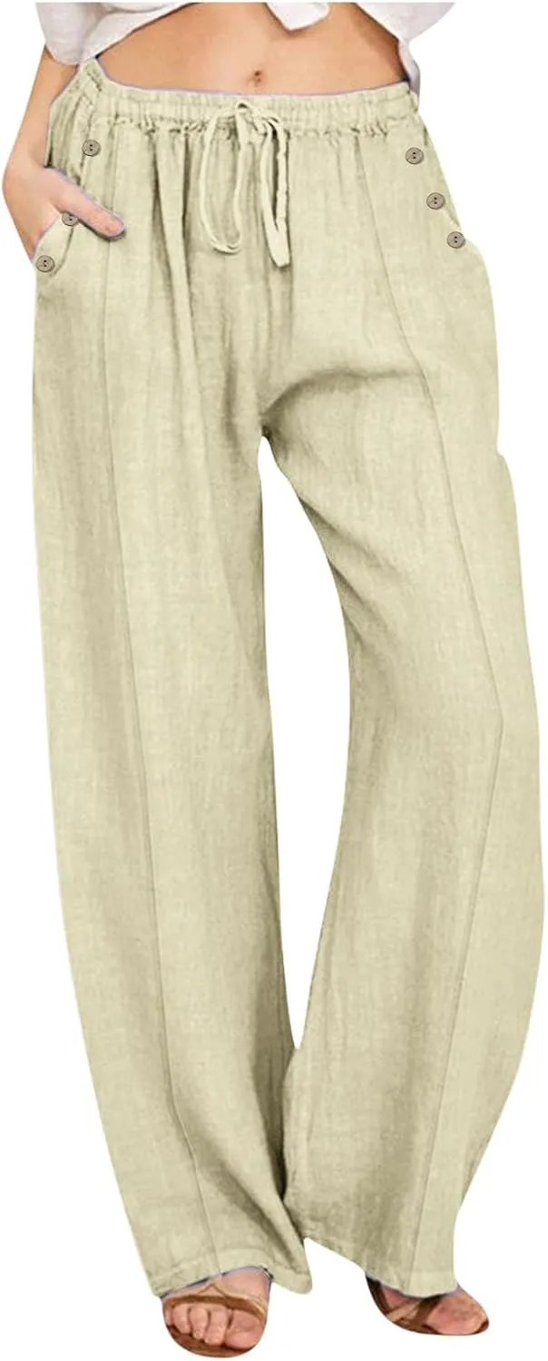 fartey Womens Summer Beach Pants Cotton Linen Oversized Palazzo Trousers Elastic Drawstring Waist Boho Outfit with Pockets