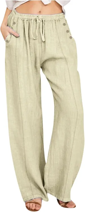 fartey Womens Summer Beach Pants Cotton Linen Oversized Palazzo Trousers Elastic Drawstring Waist Boho Outfit with Pockets