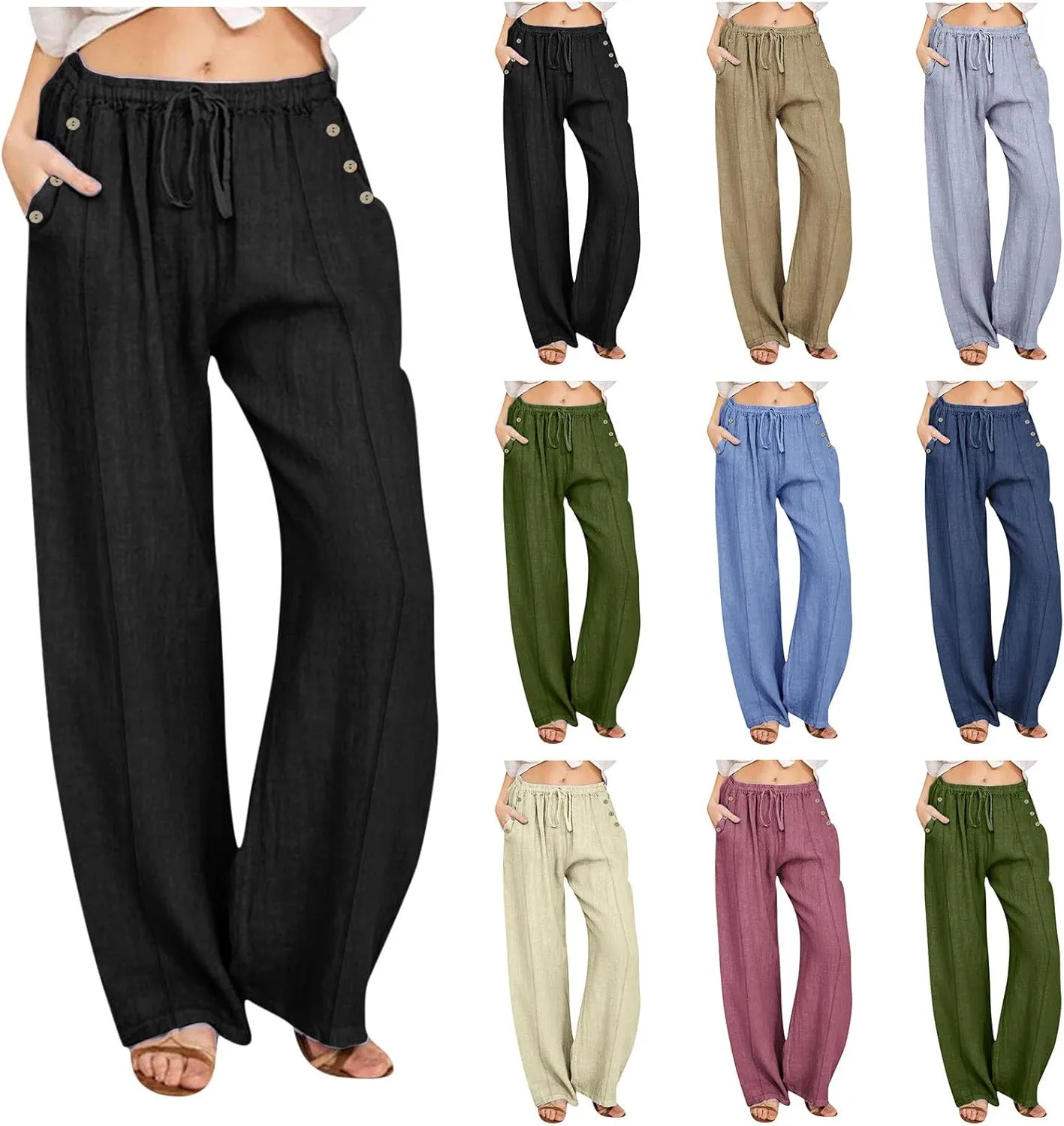 fartey Womens Summer Beach Pants Cotton Linen Oversized Palazzo Trousers Elastic Drawstring Waist Boho Outfit with Pockets