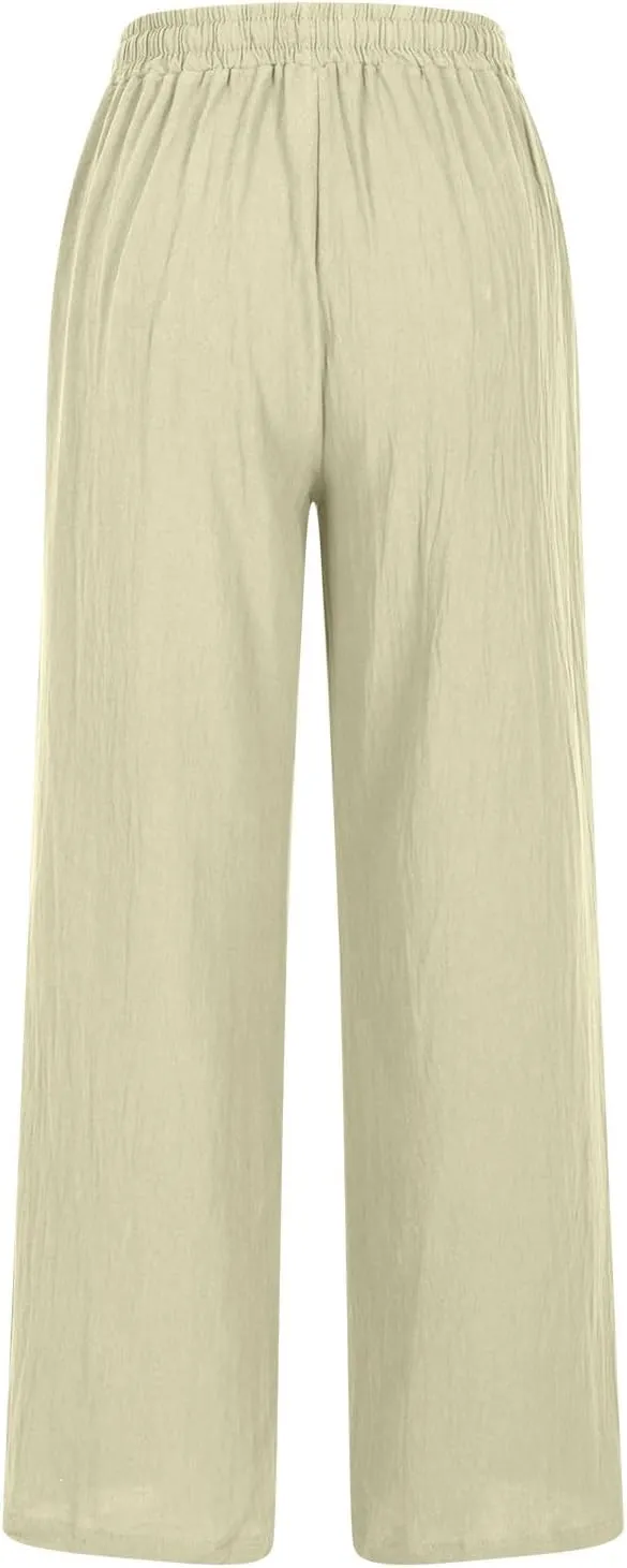 fartey Womens Summer Beach Pants Cotton Linen Oversized Palazzo Trousers Elastic Drawstring Waist Boho Outfit with Pockets