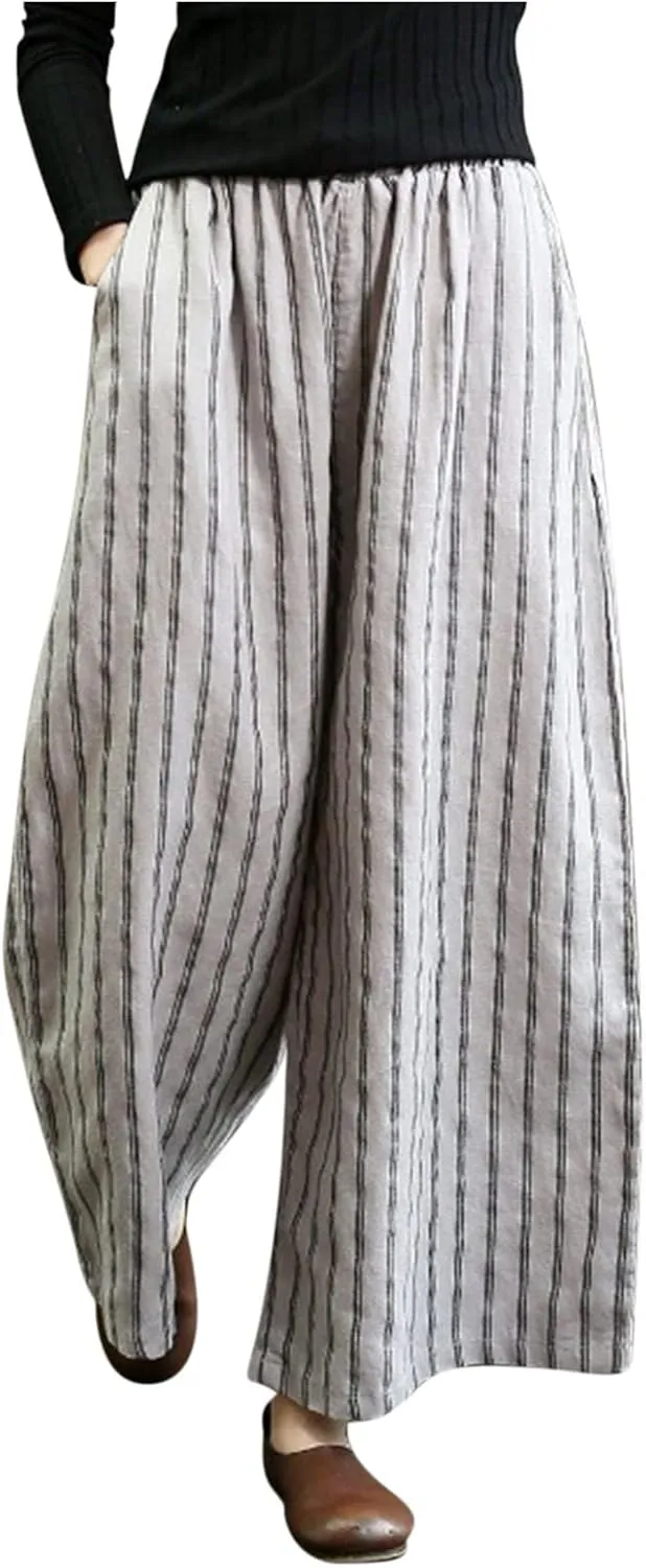 fartey Womens Wide Leg Linen Pants Lightweight Loose Fit Harem Pants Elastic Waist Casual Summer Beach Trousers with Pockets