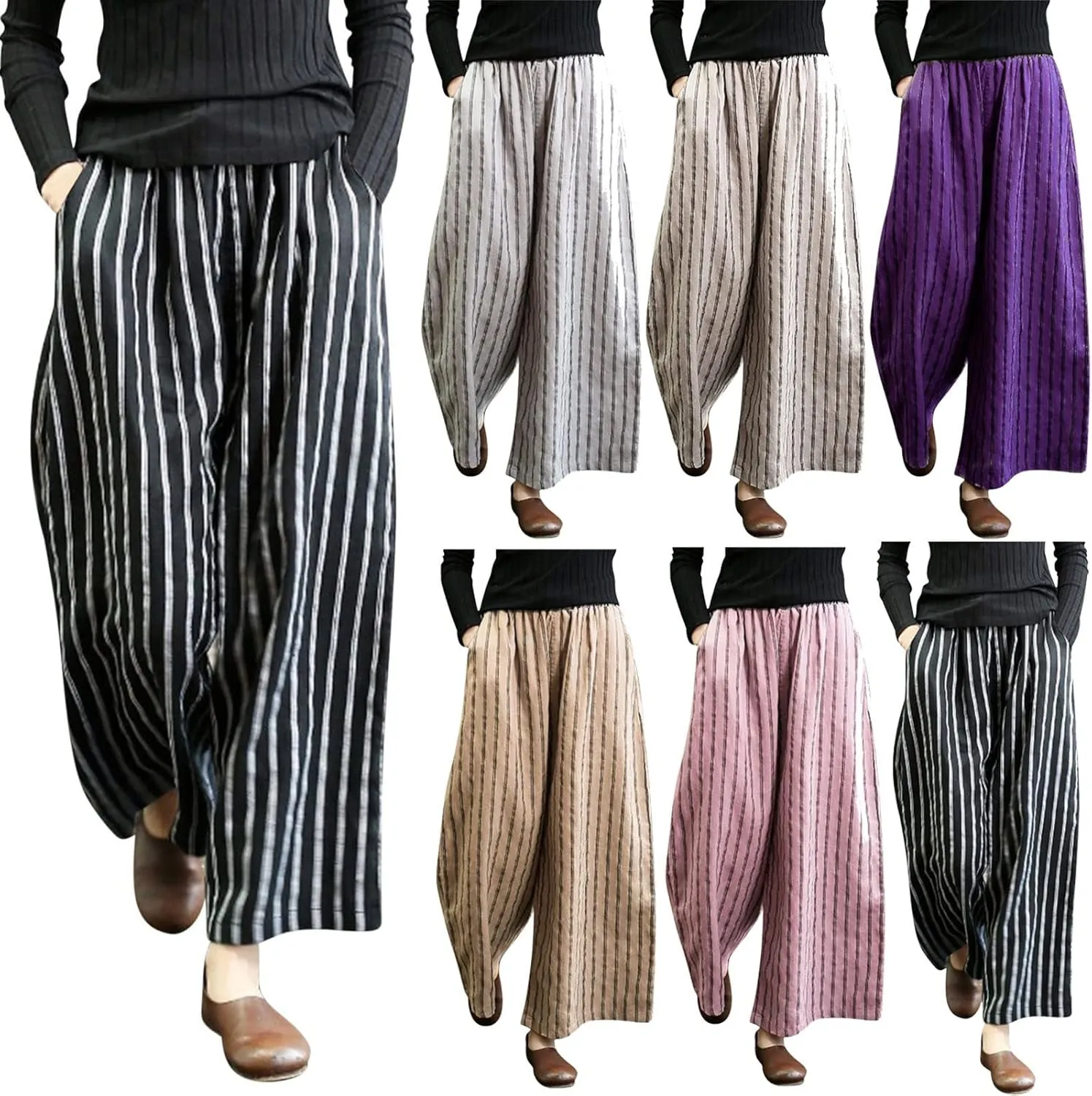 fartey Womens Wide Leg Linen Pants Lightweight Loose Fit Harem Pants Elastic Waist Casual Summer Beach Trousers with Pockets