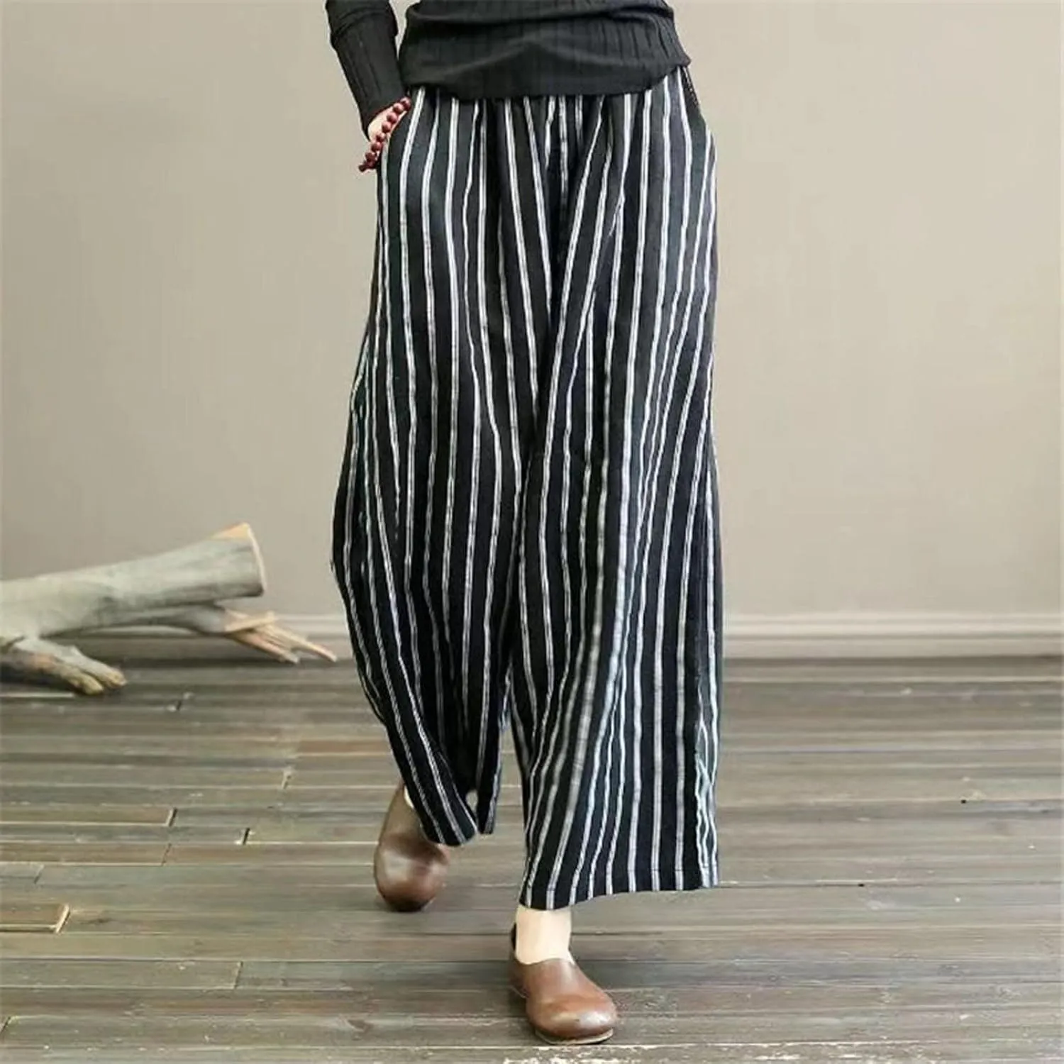 fartey Womens Wide Leg Linen Pants Lightweight Loose Fit Harem Pants Elastic Waist Casual Summer Beach Trousers with Pockets