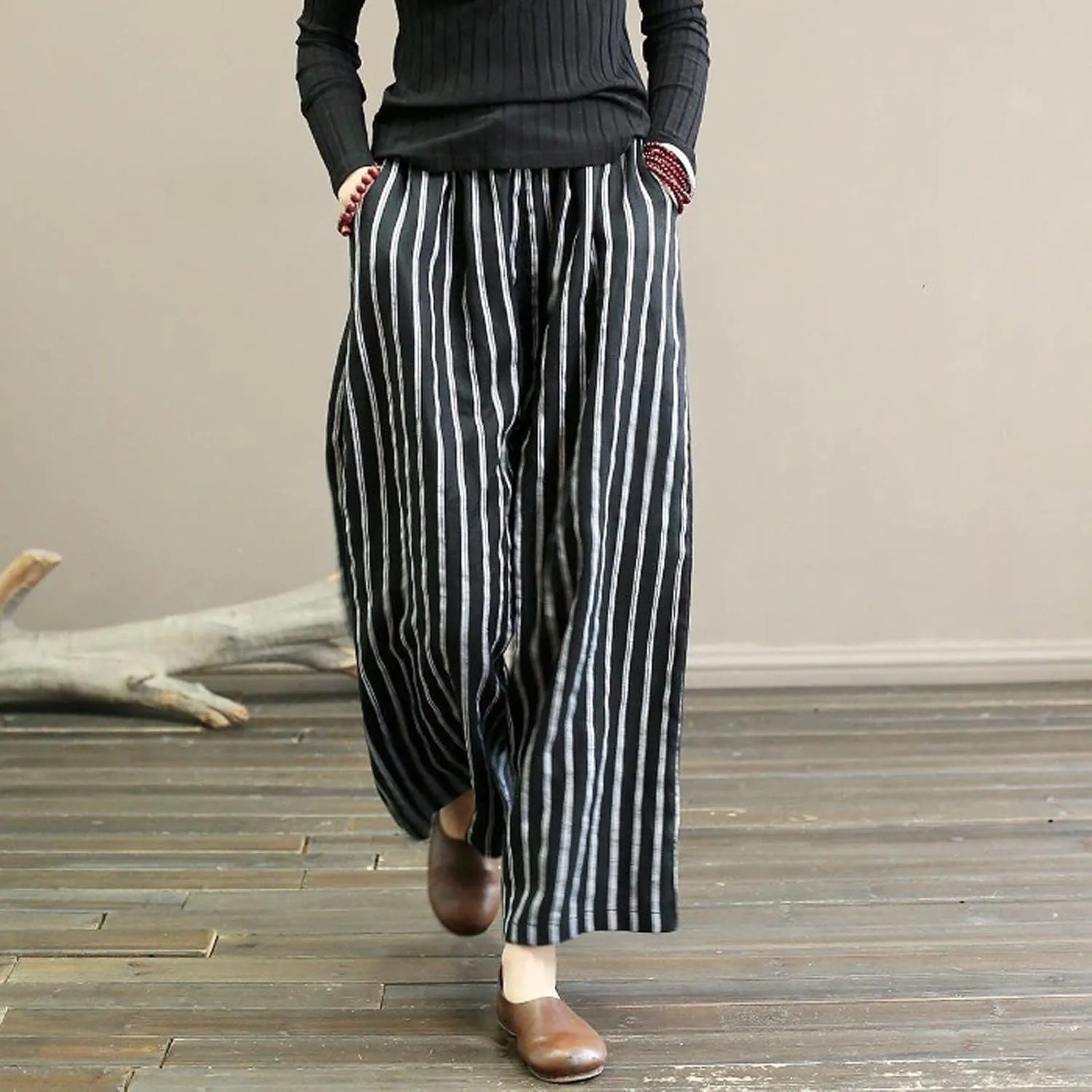 fartey Womens Wide Leg Linen Pants Lightweight Loose Fit Harem Pants Elastic Waist Casual Summer Beach Trousers with Pockets