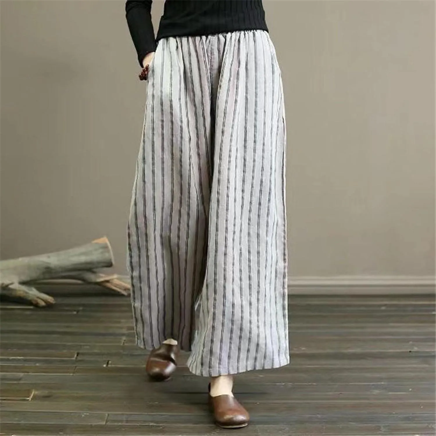 fartey Womens Wide Leg Linen Pants Lightweight Loose Fit Harem Pants Elastic Waist Casual Summer Beach Trousers with Pockets