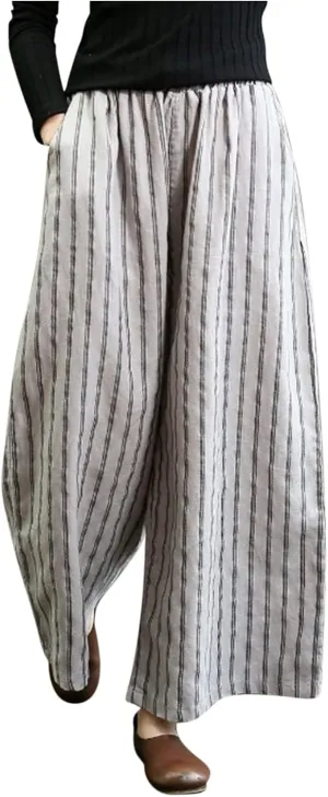 fartey Womens Wide Leg Linen Pants Lightweight Loose Fit Harem Pants Elastic Waist Casual Summer Beach Trousers with Pockets