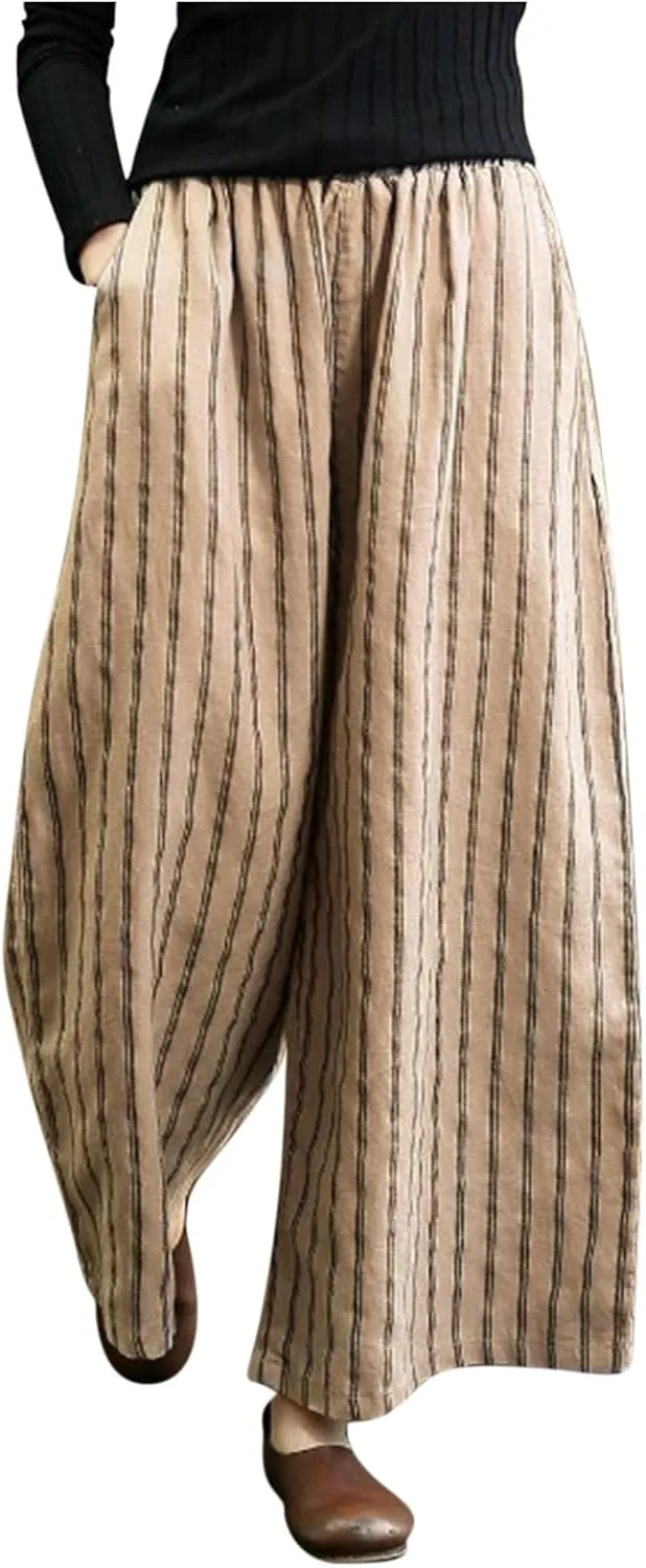 fartey Womens Wide Leg Linen Pants Lightweight Loose Fit Harem Pants Elastic Waist Casual Summer Beach Trousers with Pockets