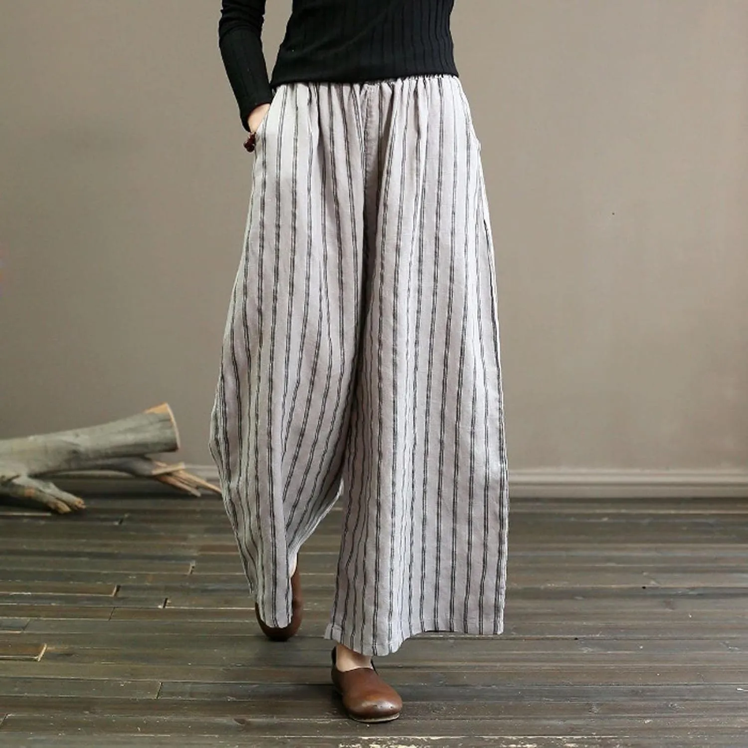 fartey Womens Wide Leg Linen Pants Lightweight Loose Fit Harem Pants Elastic Waist Casual Summer Beach Trousers with Pockets